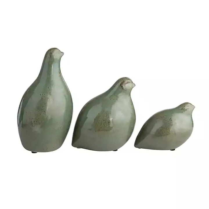 Green Glazed Ceramic Bird Figurines, Set of 3