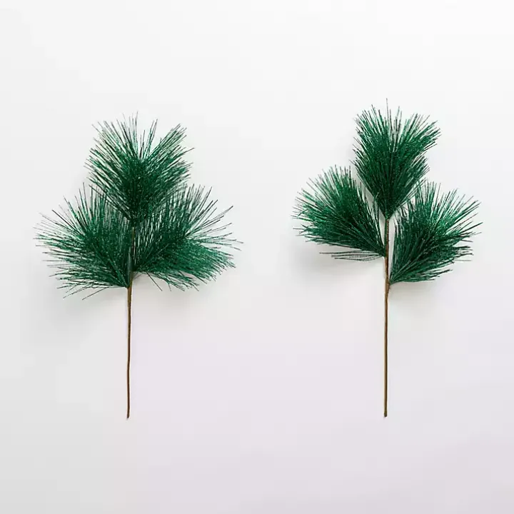 Green Glitter Pine Needle Picks, Set of 2