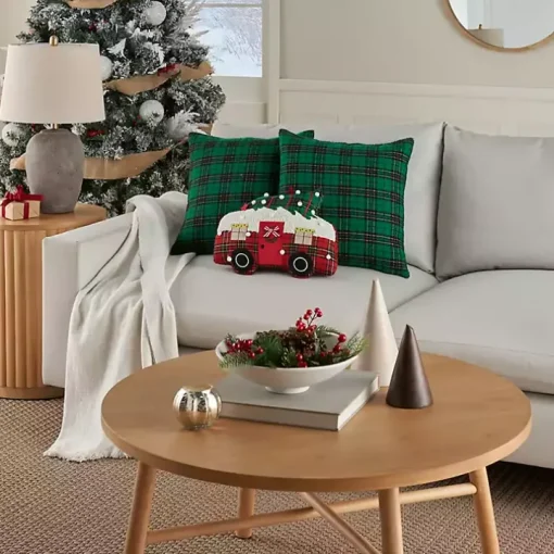 Green Plaid and Camper Pillows, Set of 3