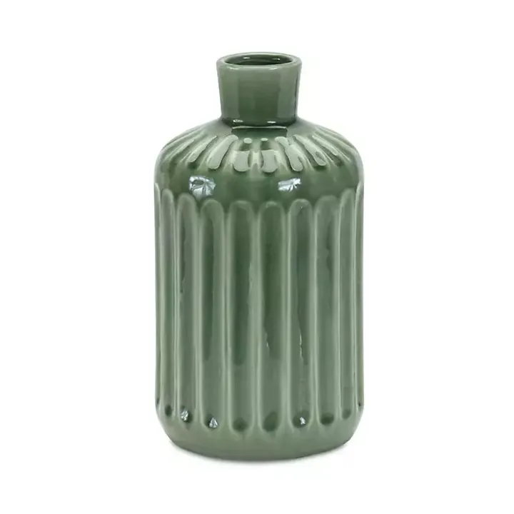 Green Ribbed Terracotta Vase, 9 in.