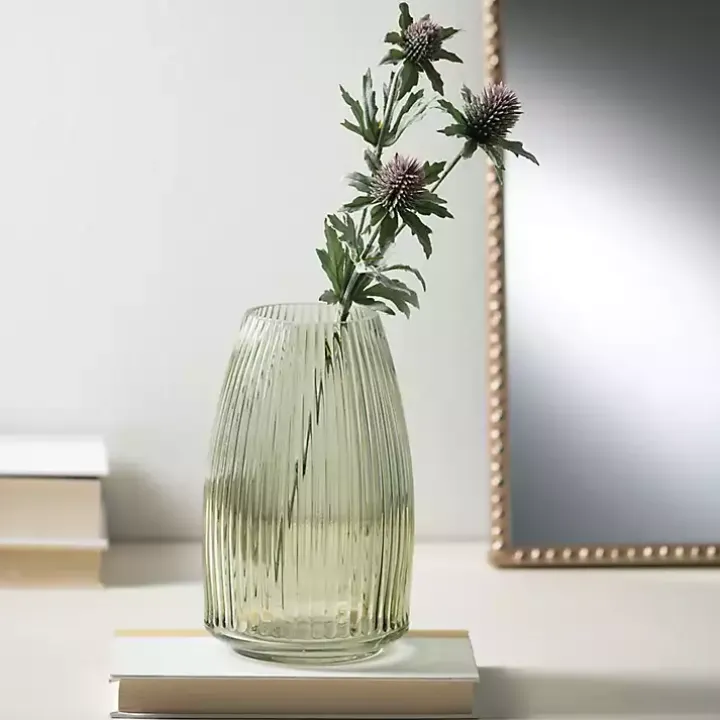 Green Round Ribbed Glass Vase
