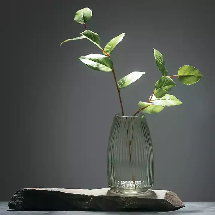 Green Round Ribbed Glass Vase