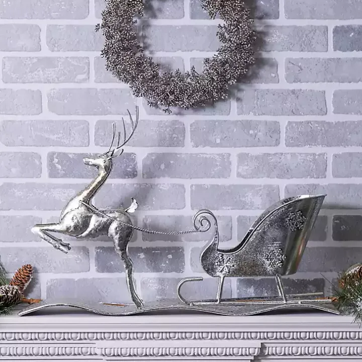 Hammered Metal Reindeer with Sleigh Decoration
