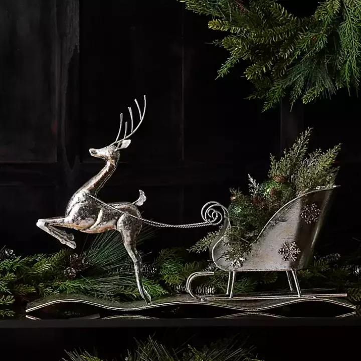 Hammered Metal Reindeer with Sleigh Decoration