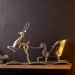 Hammered Metal Reindeer with Sleigh Decoration