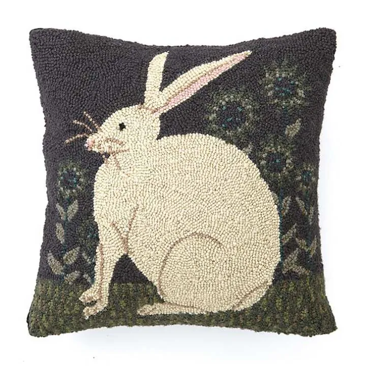 Handhooked Bunny in a Field Throw Pillow