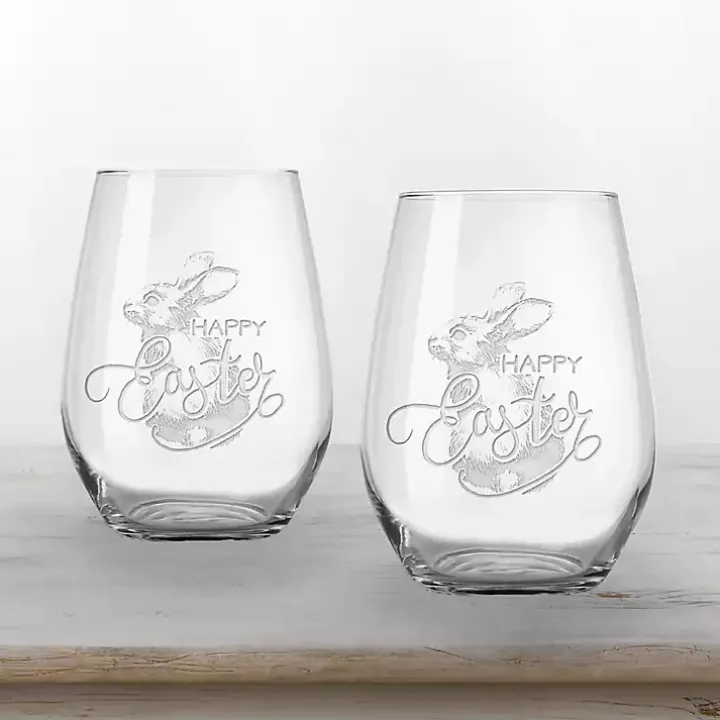 Happy Easter Engraved 2-pc. Wine Glass Set