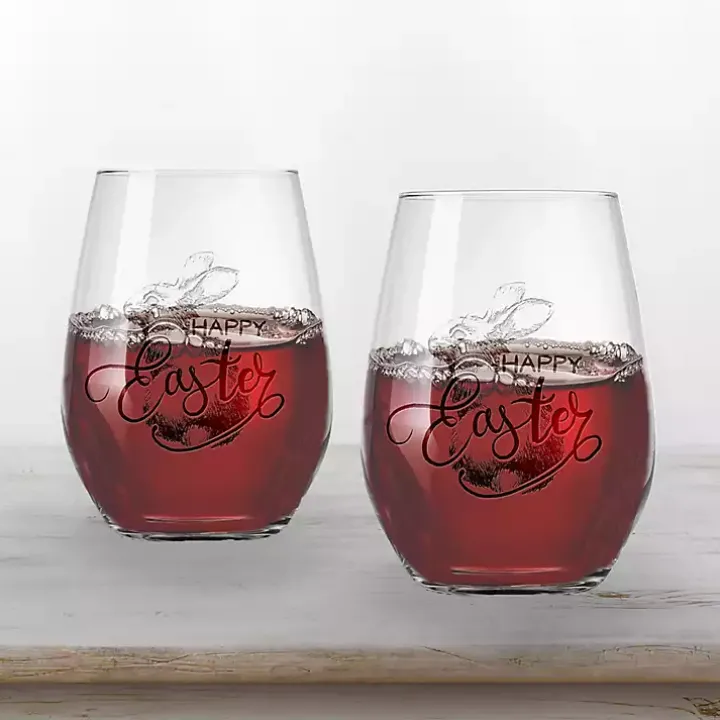 Happy Easter Engraved 2-pc. Wine Glass Set