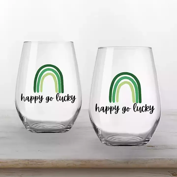 Happy Go Lucky Stemless Wine Glasses, Set of 2