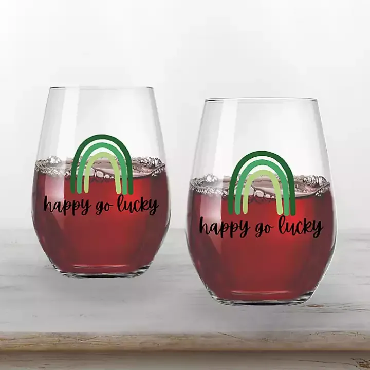 Happy Go Lucky Stemless Wine Glasses, Set of 2
