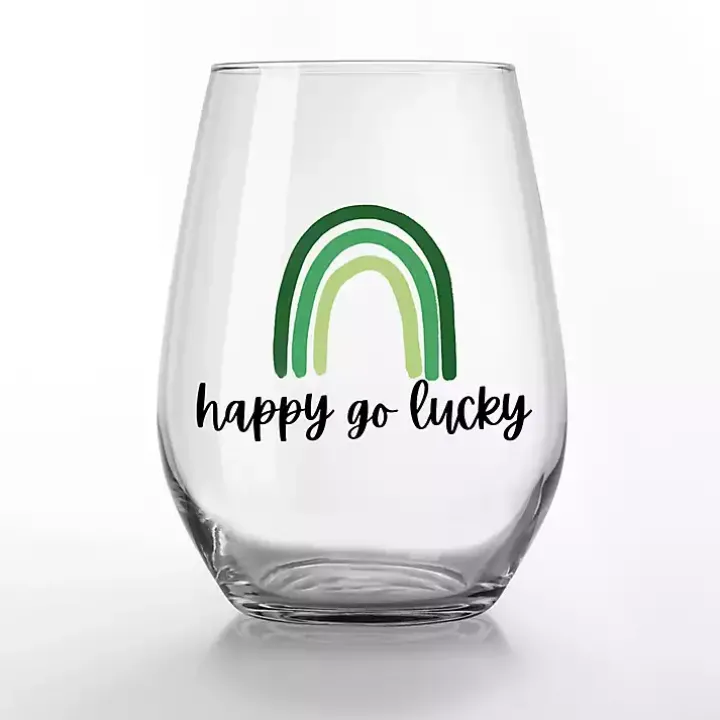 Happy Go Lucky Stemless Wine Glasses, Set of 2