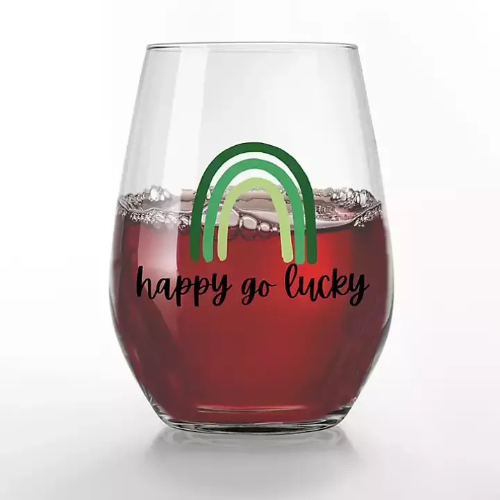 Happy Go Lucky Stemless Wine Glasses, Set of 2