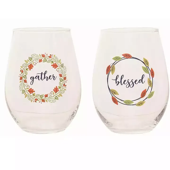 Harvest Sentiment Stemless Wine Glasses, Set of 4