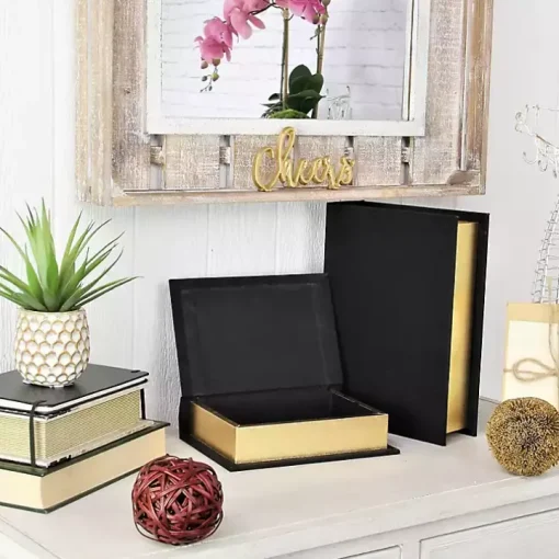 Heathered Black Linen Book Boxes, Set of 2