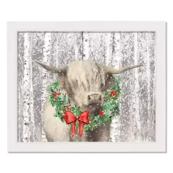 Highland Cow Wreath White Framed Canvas Art Print
