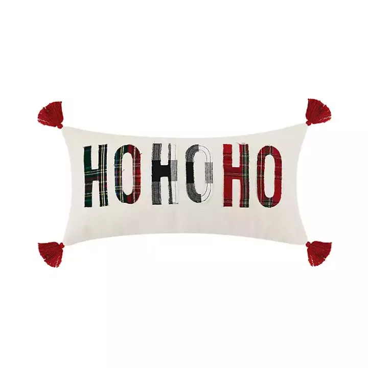 Ho Ho Ho Tassel Plaid Christmas Lumbar Pillow