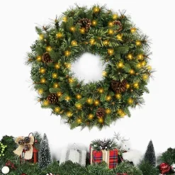 Holiday Pine Needle Cabin Pre-Lit Wreath