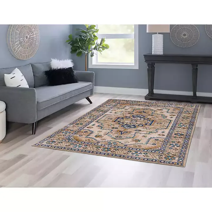 Ivory and Gold Julian Washable Area Rug, 5x7