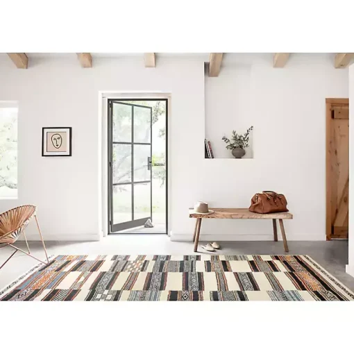 Ivory and Multicolored Tribal Outdoor Rug, 5x7