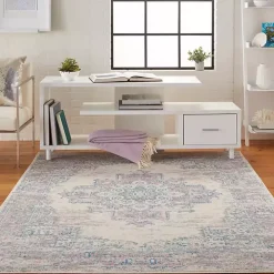 Ivory and Pink Central Medallion Area Rug, 5x7