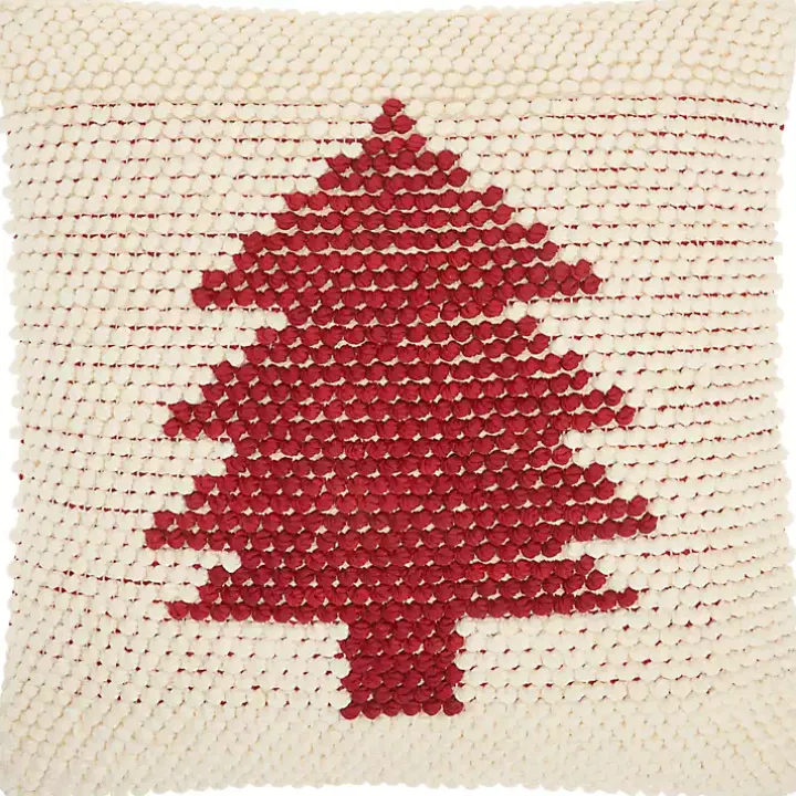 Ivory and Red Looped Christmas Tree Throw Pillow