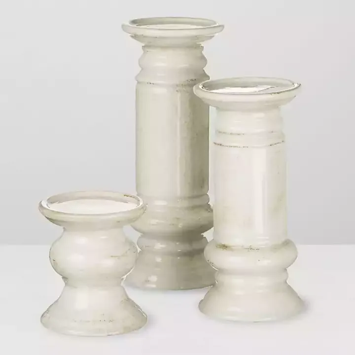 Ivory Ceramic Column Pillar Holders, Set of 3