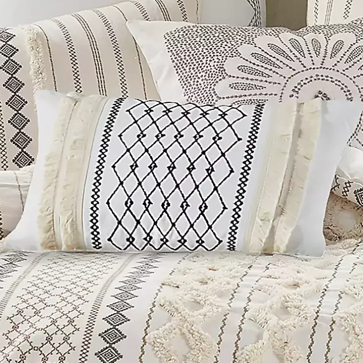 Ivory Cotton Embroidered Tassel Accent Pillow