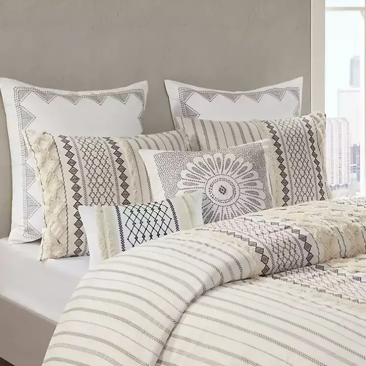 Ivory Cotton Embroidered Tassel Accent Pillow