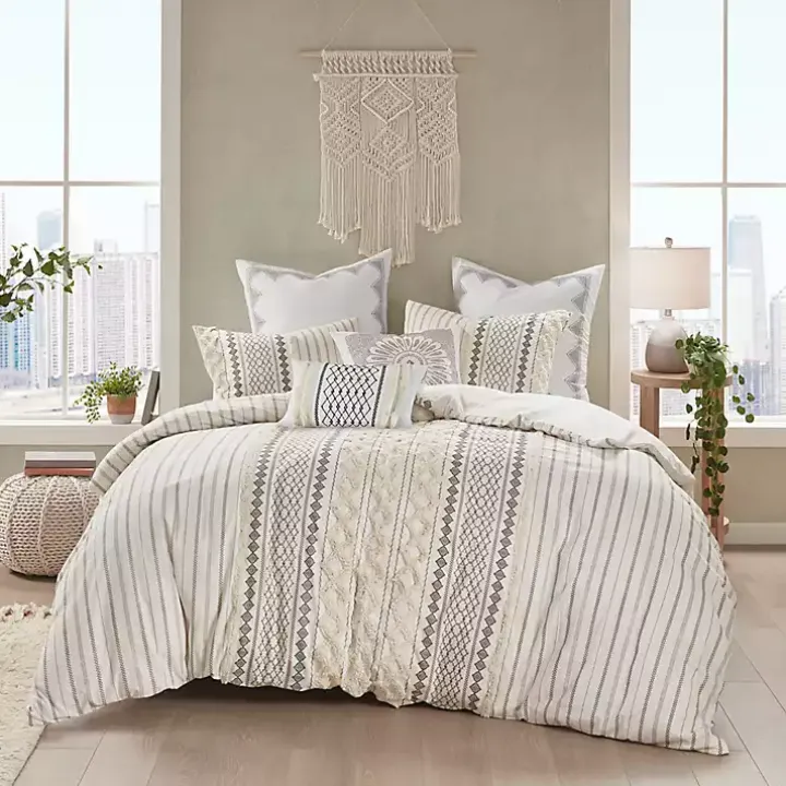 Ivory Cotton Embroidered Tassel Accent Pillow