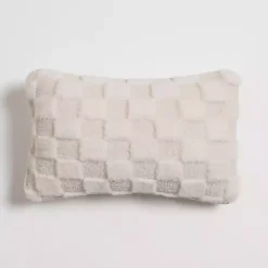 Ivory Faux Fur Checkerboard Lumbar Pillow