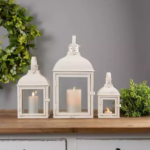 Ivory Metal Slope Top Lanterns, Set of 3