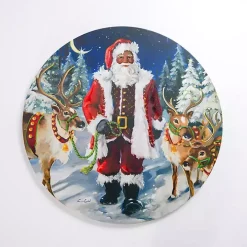 Jolly Santa with Reindeer Round Canvas Art Print