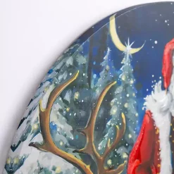Jolly Santa with Reindeer Round Canvas Art Print
