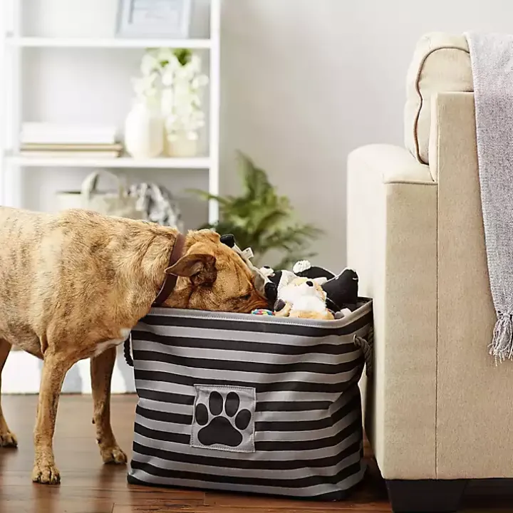 Large Black Paw Print Striped Pet Basket