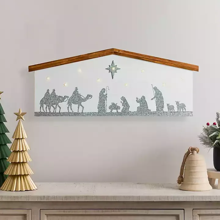 LED Silver Glitter Nativity Wall Plaque