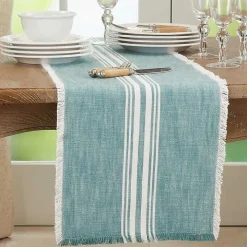 Light Blue Striped Fringe Table Runner, 72 in.