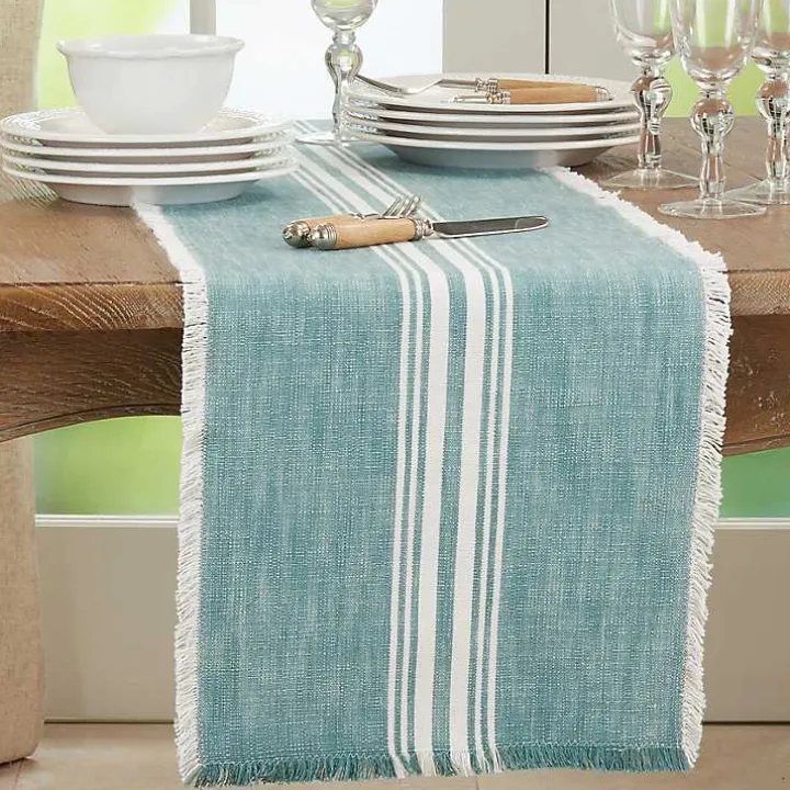 Light Blue Striped Fringe Table Runner, 72 in.