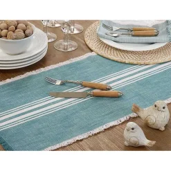 Light Blue Striped Fringe Table Runner, 72 in.