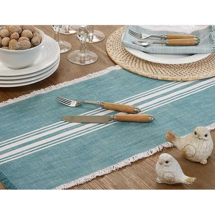 Light Blue Striped Fringe Table Runner, 72 in.