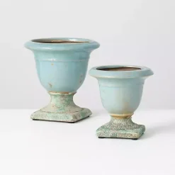 Light Blue Terracotta Urn Vases, Set of 2