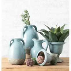 Light Blue Terracotta Urn Vases, Set of 2