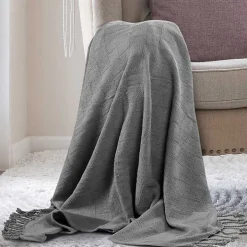 Light Gray Checkered Weave Fringe Throw