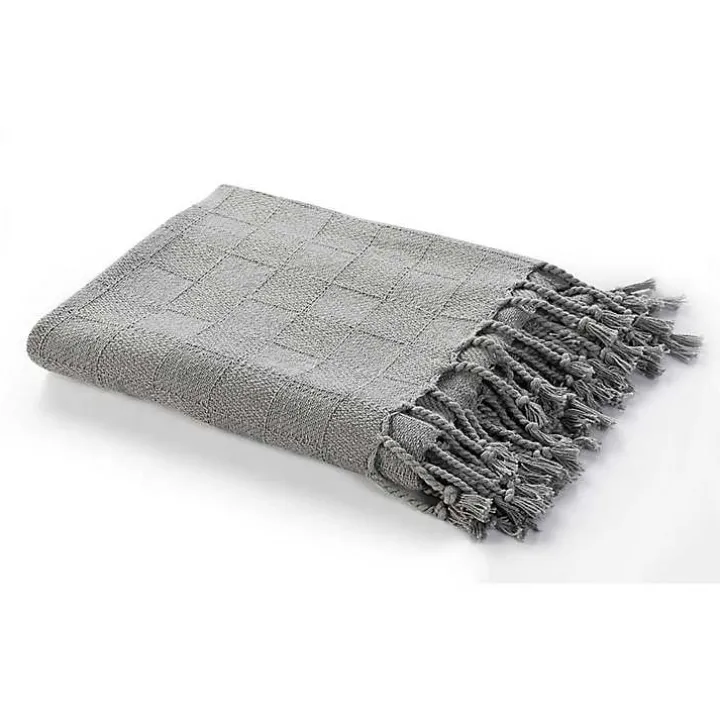 Light Gray Checkered Weave Fringe Throw