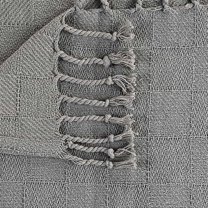 Light Gray Checkered Weave Fringe Throw