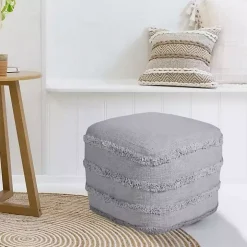 Light Gray Tufted Stripe Cotton Square Pouf