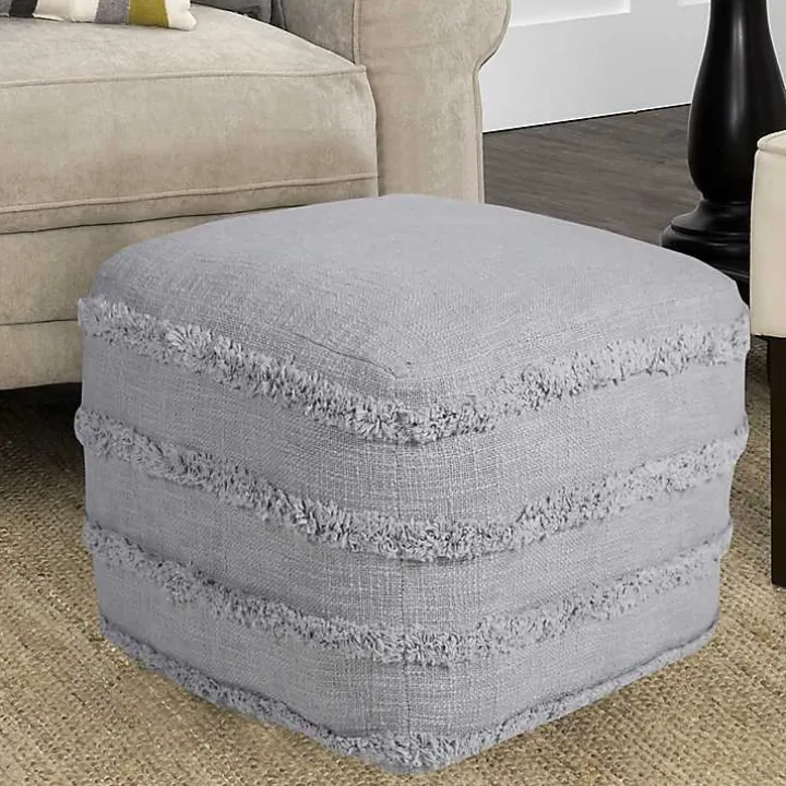 Light Gray Tufted Stripe Cotton Square Pouf