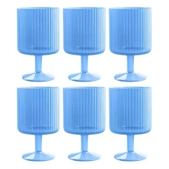 Matte Azure Ribbed Goblet Glasses, Set of 6