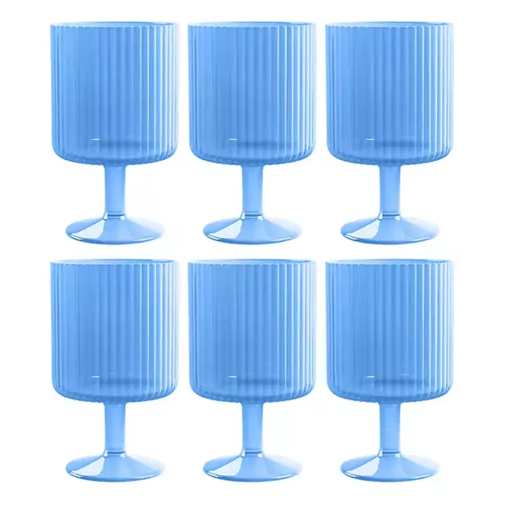 Matte Azure Ribbed Goblet Glasses, Set of 6