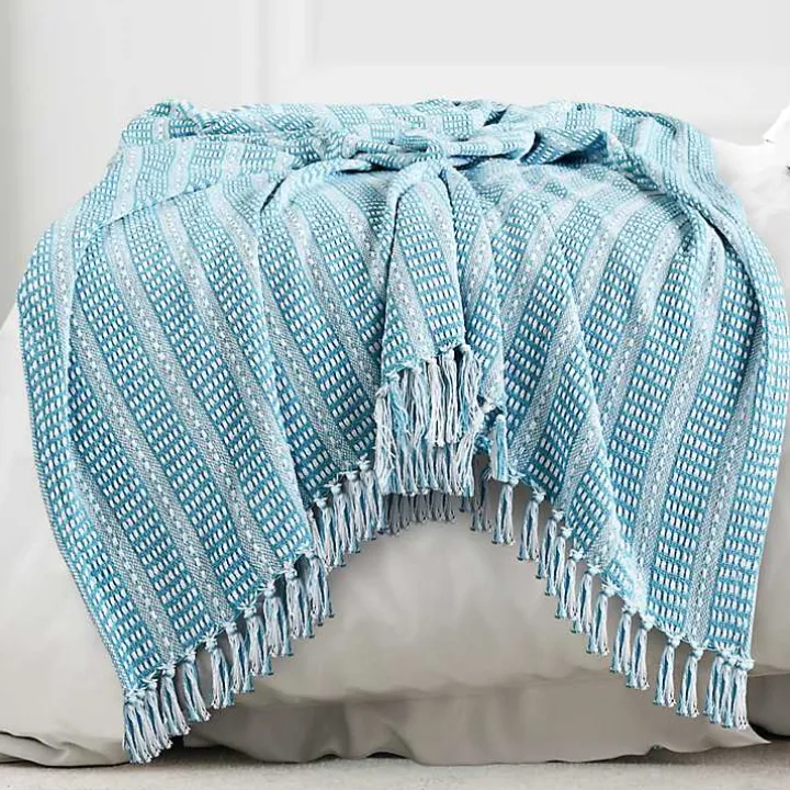 Maui Blue Striped Fringe Throw