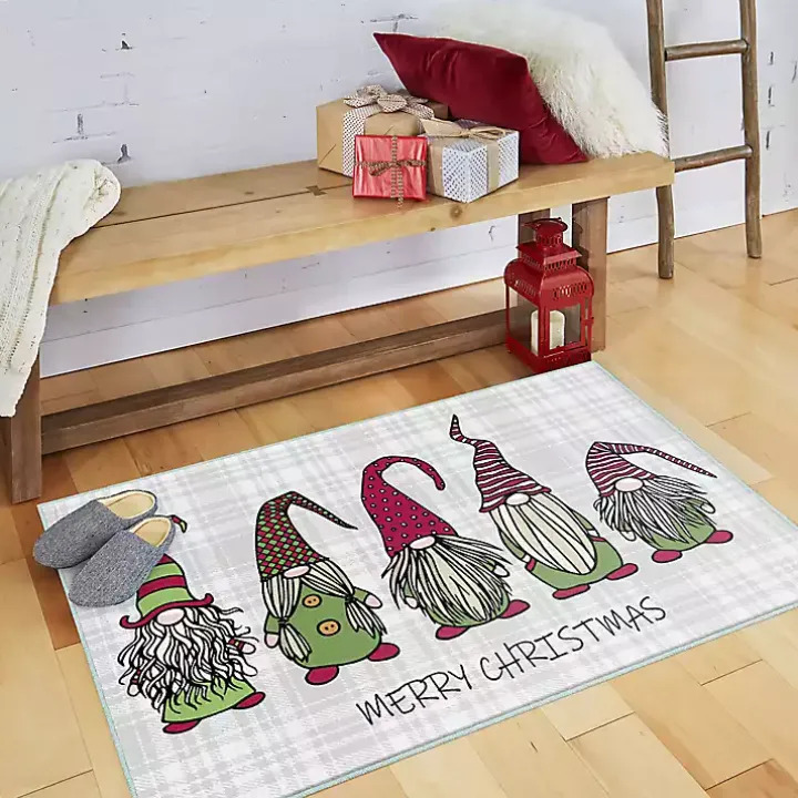 Merry Christmas Gnome Plaid Accent Rug